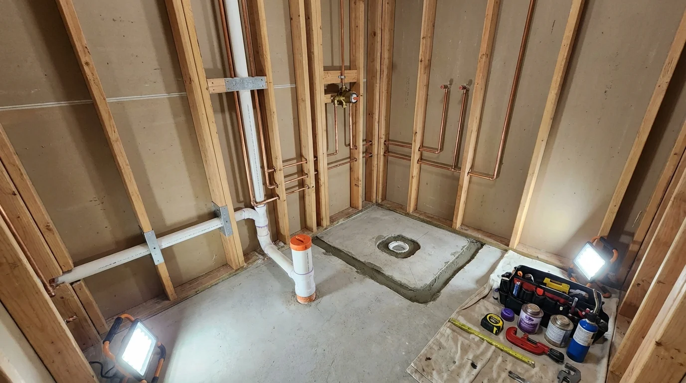 Bathroom rough-in plumbing during remodel by Johns Plumbing LLC in Manila