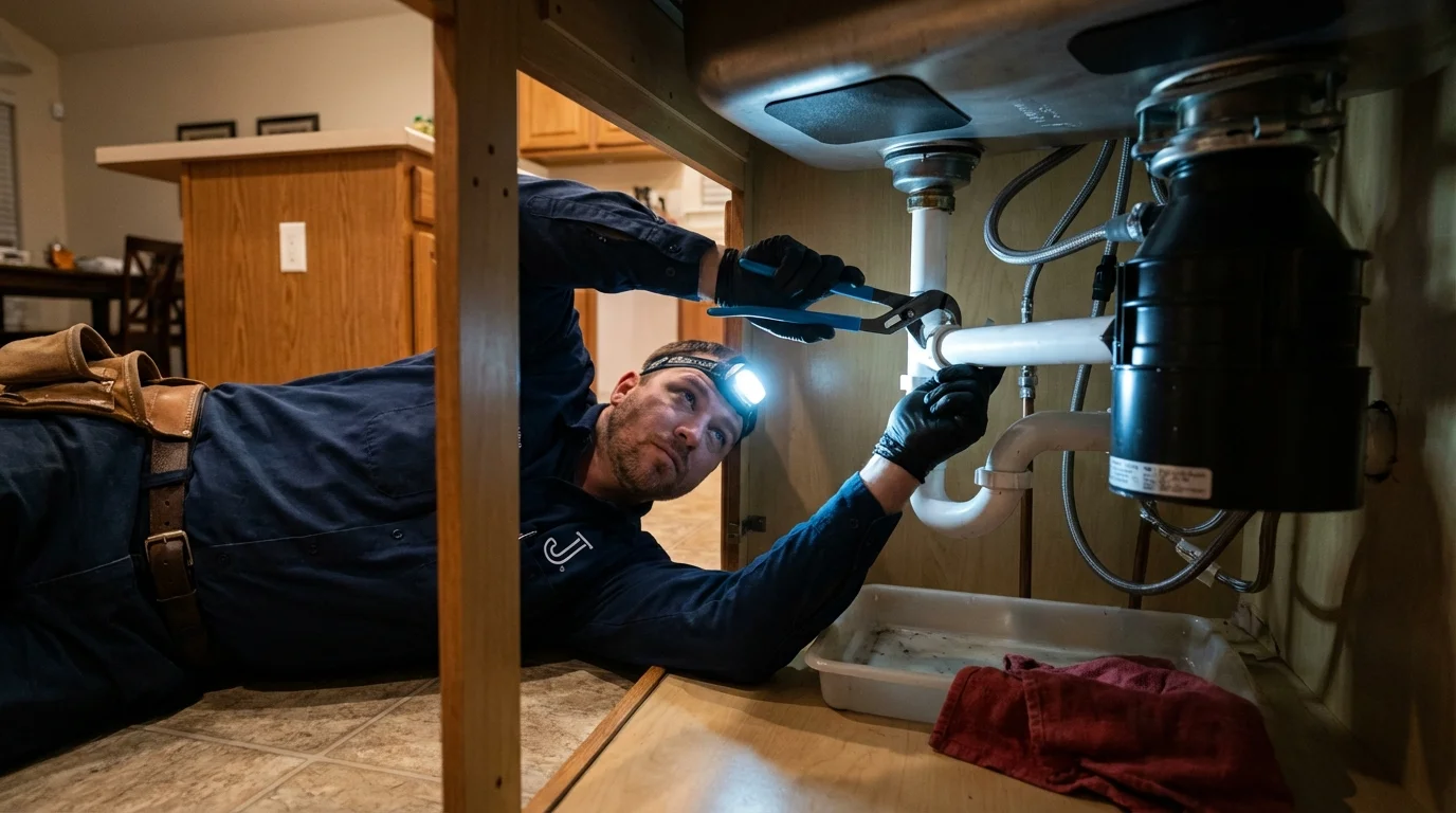 P-trap and supply line connections under a kitchen sink showing a common leak point in Manila, UT